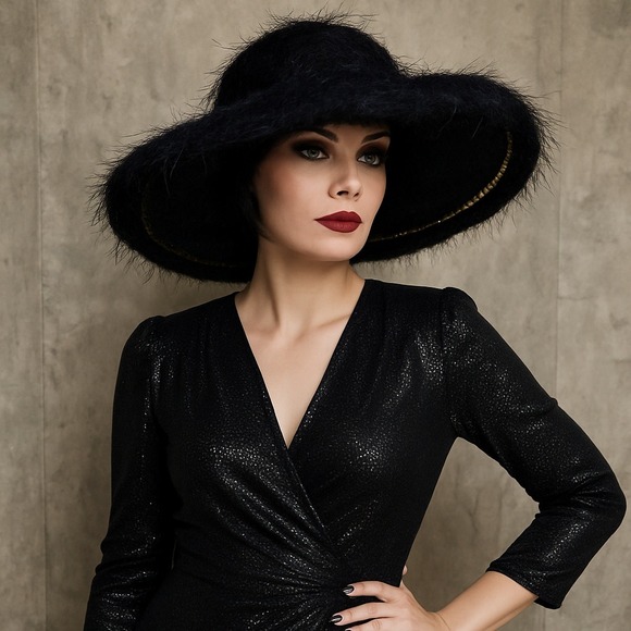 Vintage Femme Noir Statement Wool Floppy Hat Wide Brim...